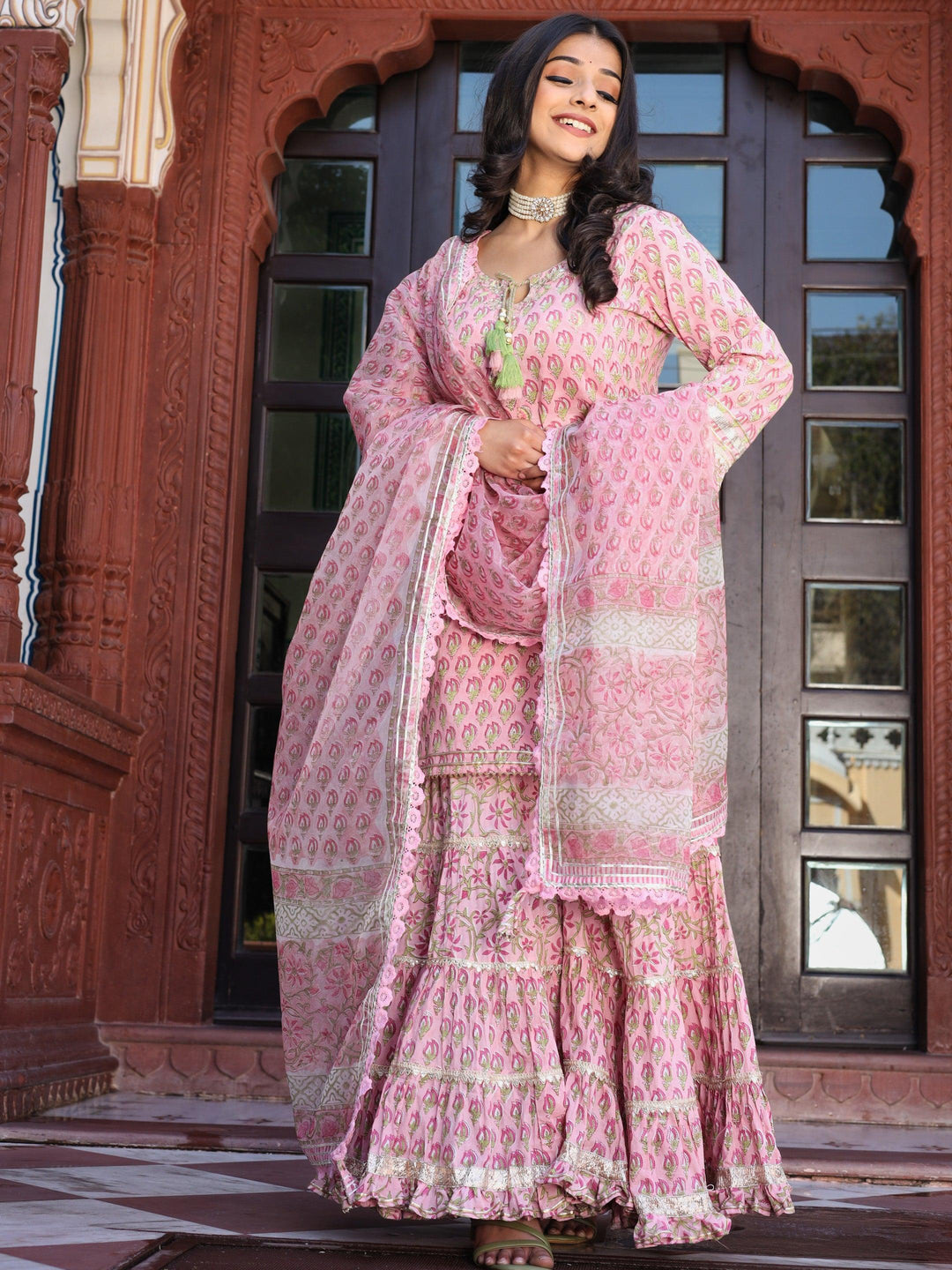 Pink-Floral-Hand-Block-Printed-3-Piece-Sharara-Set