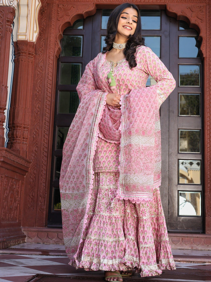 Pink-Floral-Hand-Block-Printed-3-Piece-Sharara-Set