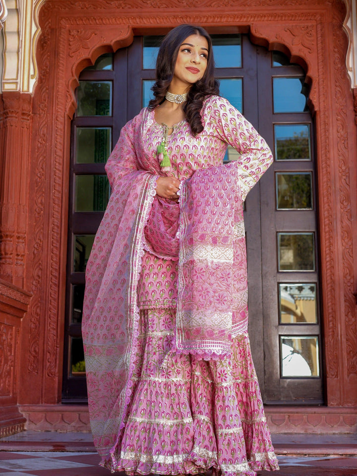 Pink-Floral-Hand-Block-Printed-3-Piece-Sharara-Set