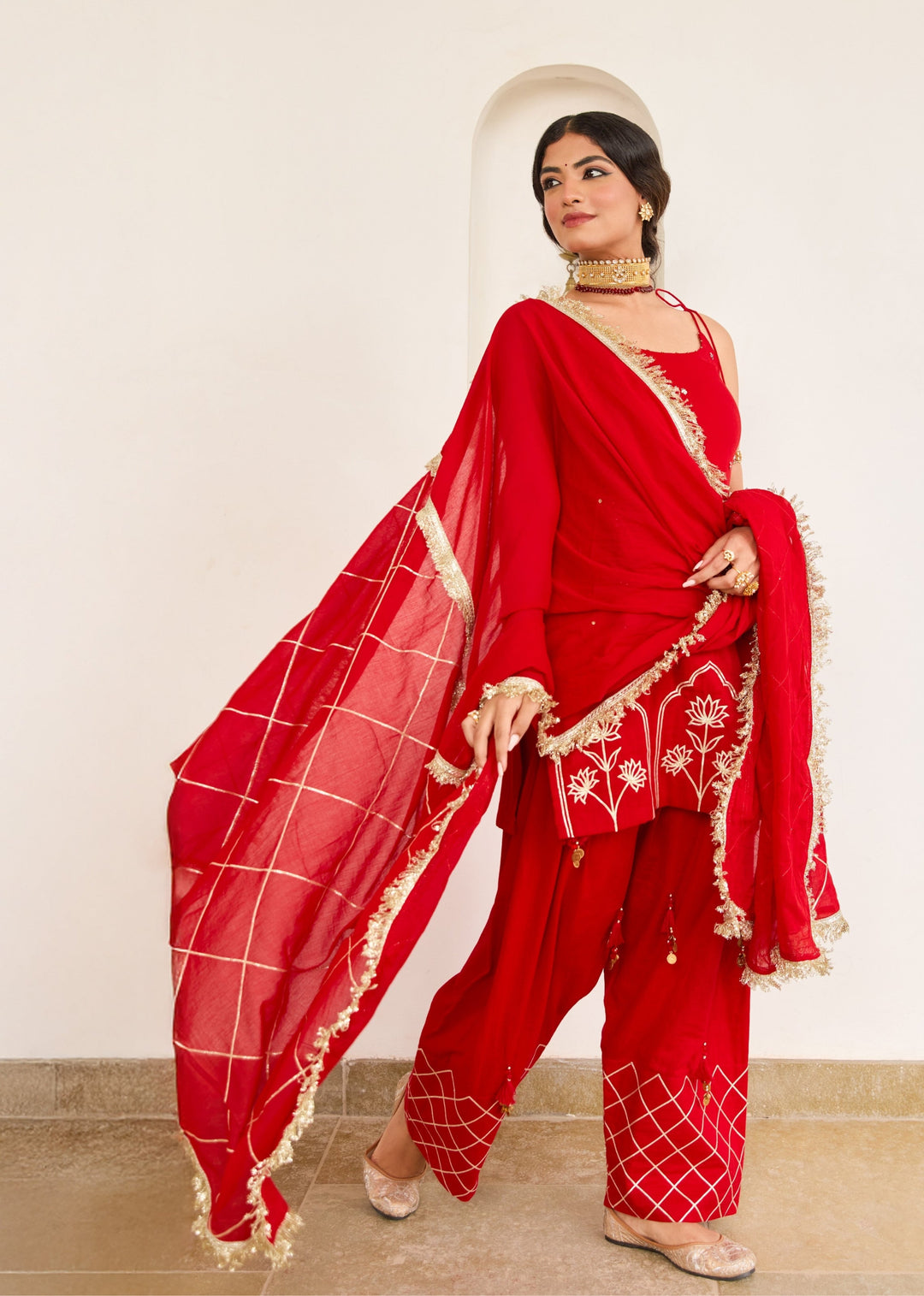Kumkum-Red-Mulmul-Strappy-Kurta-With-Farshi-Shalwar-Set
