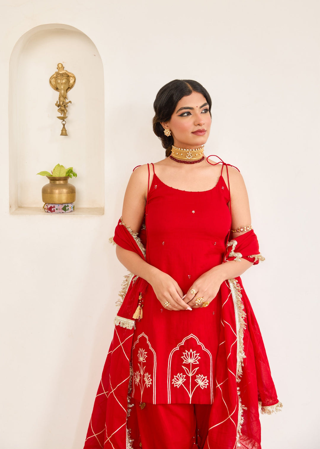 Kumkum-Red-Mulmul-Strappy-Kurta-With-Farshi-Shalwar-Set