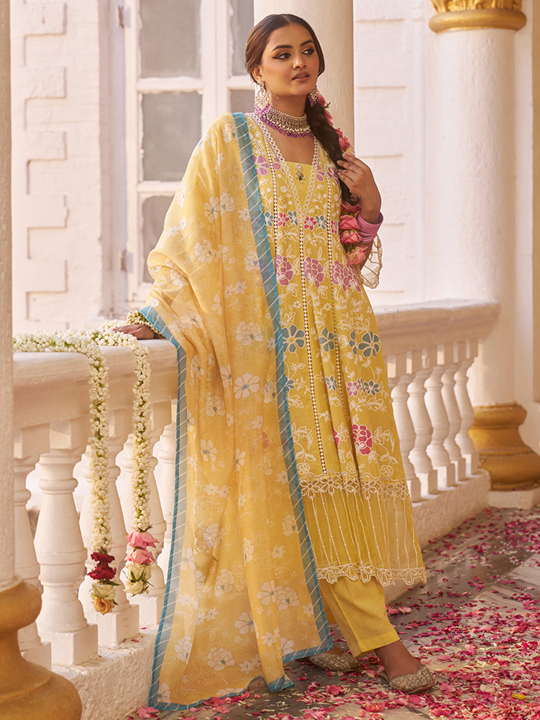 Yellow-Cotton-Floral-Embroidered-3-Piece-Kurta-Set