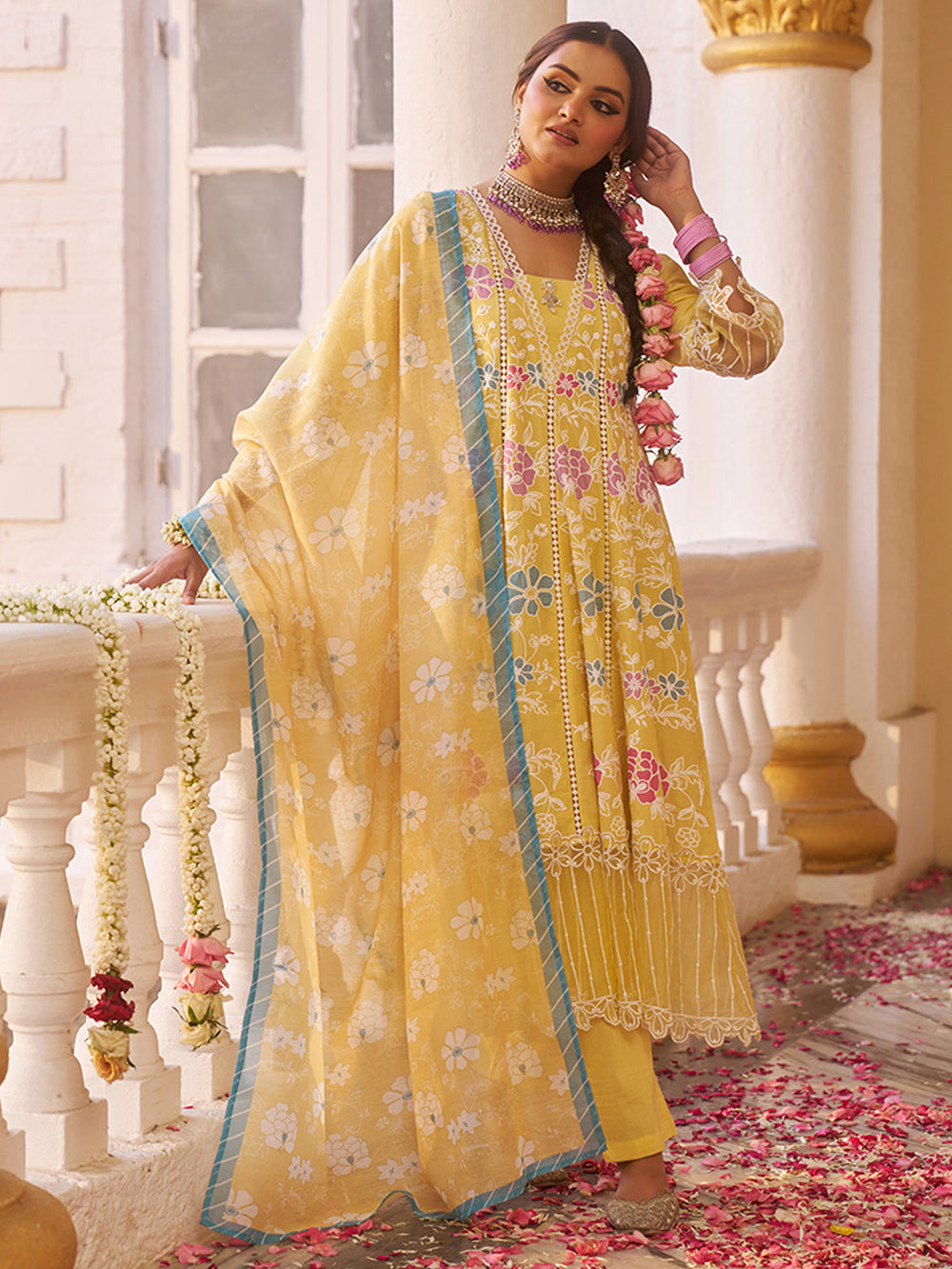 Yellow-Cotton-Floral-Embroidered-3-Piece-Kurta-Set