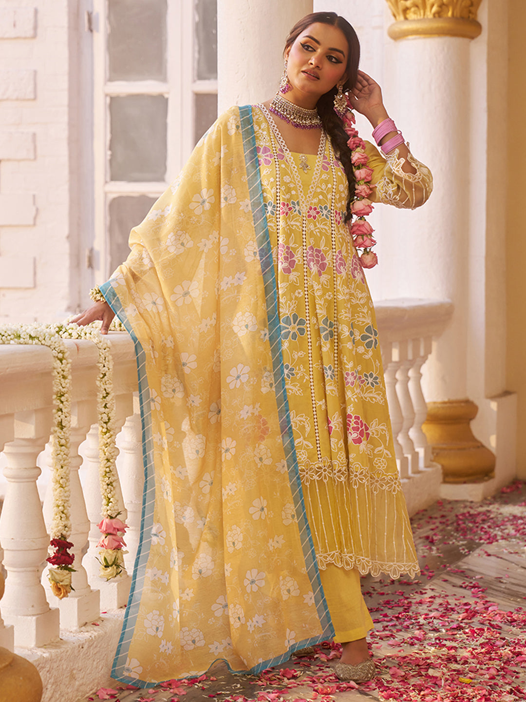 Yellow-Cotton-Floral-Embroidered-3-Piece-Kurta-Set