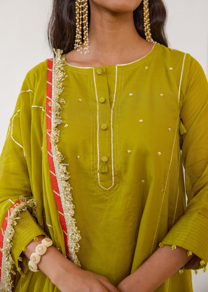 Mehndi-Green-Mulmul--Farshi-Shalwar-Set
