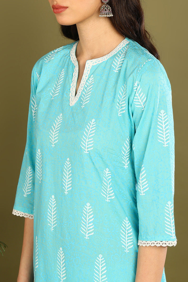 Blue-Cotton-Khari-Hand-Block-Print-2-Piece-Kurta-Set