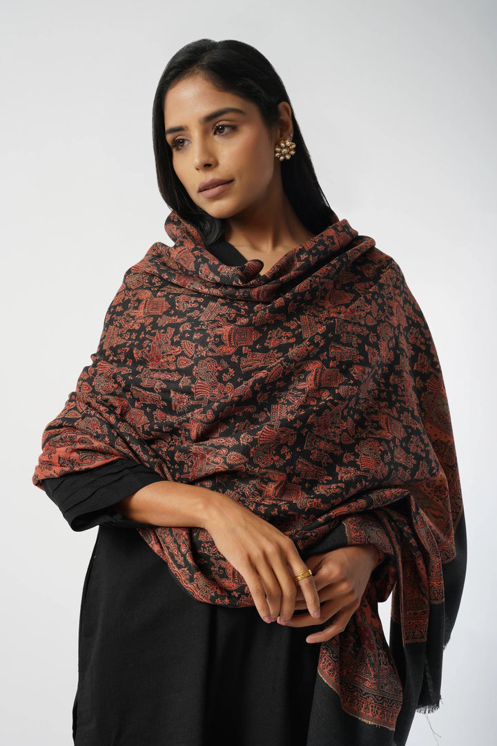 Black & Red Mughal Story Woven Wool Blend Shawl