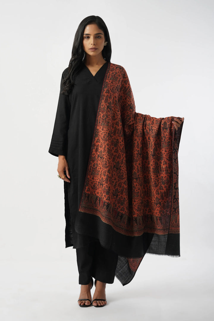 Black & Red Mughal Story Woven Wool Blend Shawl