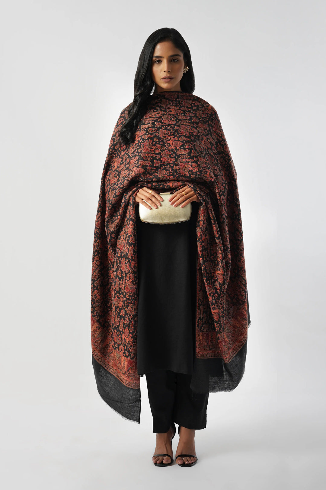 Black & Red Mughal Story Woven Wool Blend Shawl