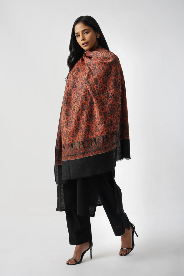 Black & Red Mughal Story Woven Wool Blend Shawl