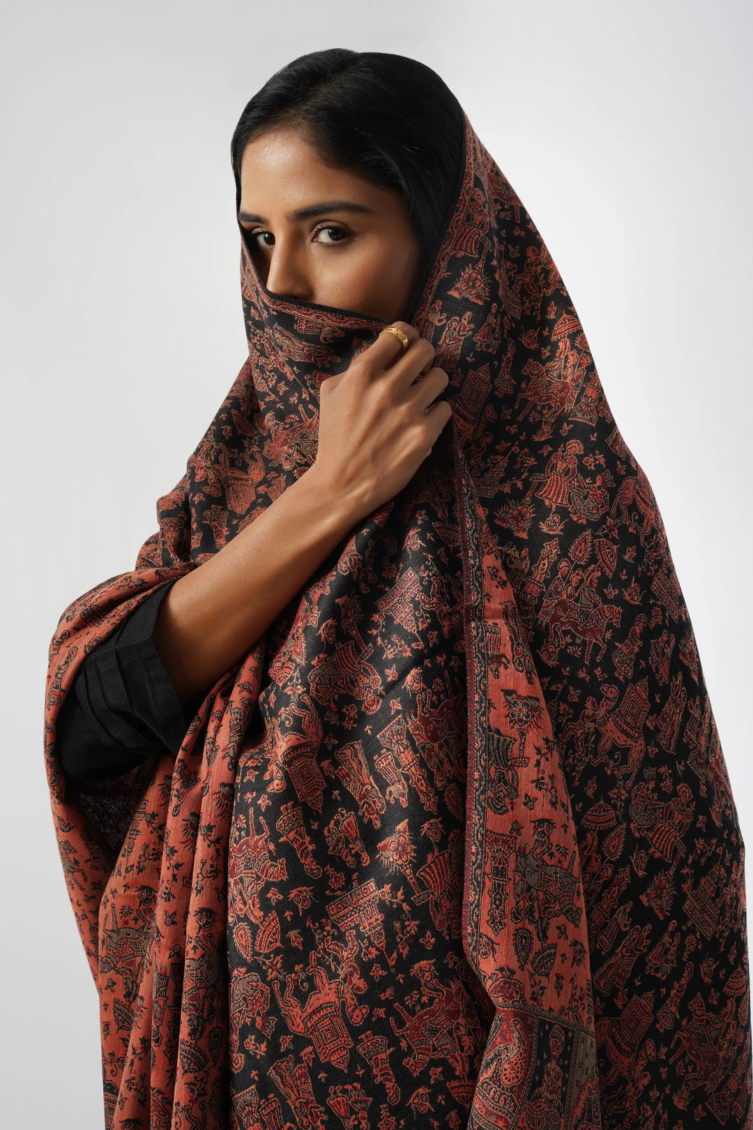 Black & Red Mughal Story Woven Wool Blend Shawl