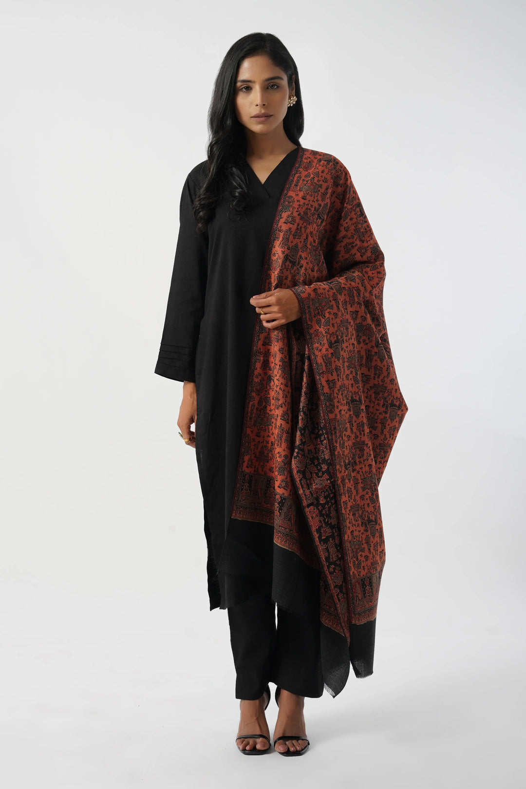 Black & Red Mughal Story Woven Wool Blend Shawl