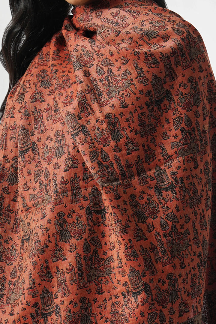 Black & Red Mughal Story Woven Wool Blend Shawl