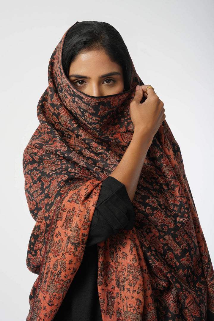 Black & Red Mughal Story Woven Wool Blend Shawl