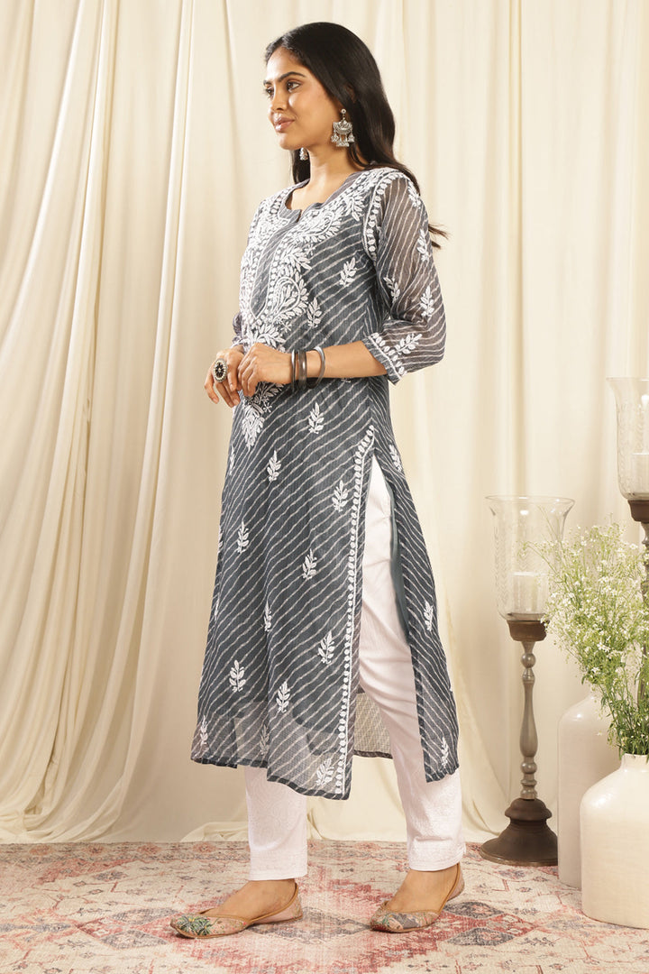 Grey-Kota-Doria-Chikankari-Kurta-With-Slip