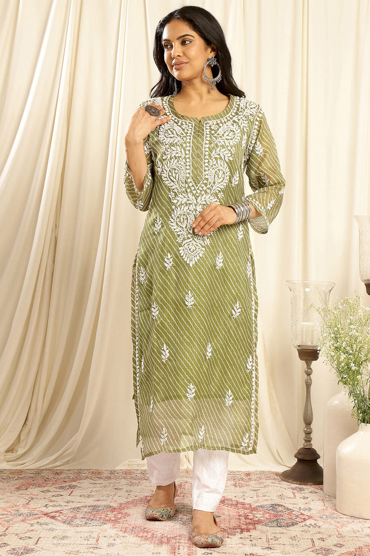 Green-Kota-Doria-Chikankari-Kurta-With-Slip