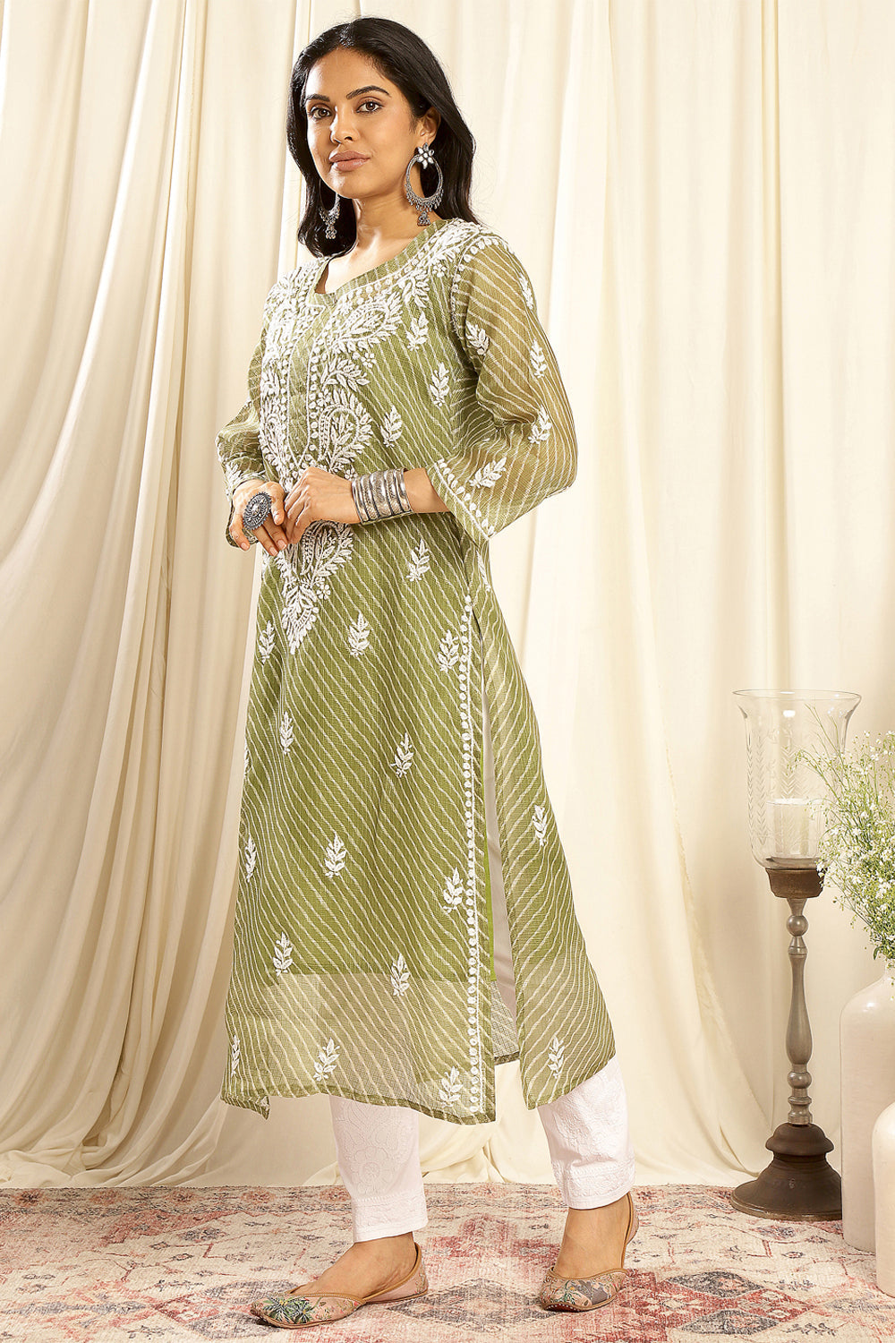 Green-Kota-Doria-Chikankari-Kurta-With-Slip