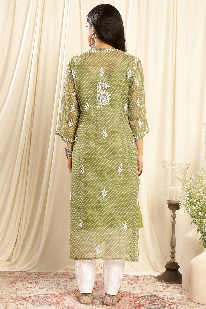 Green-Kota-Doria-Chikankari-Kurta-With-Slip