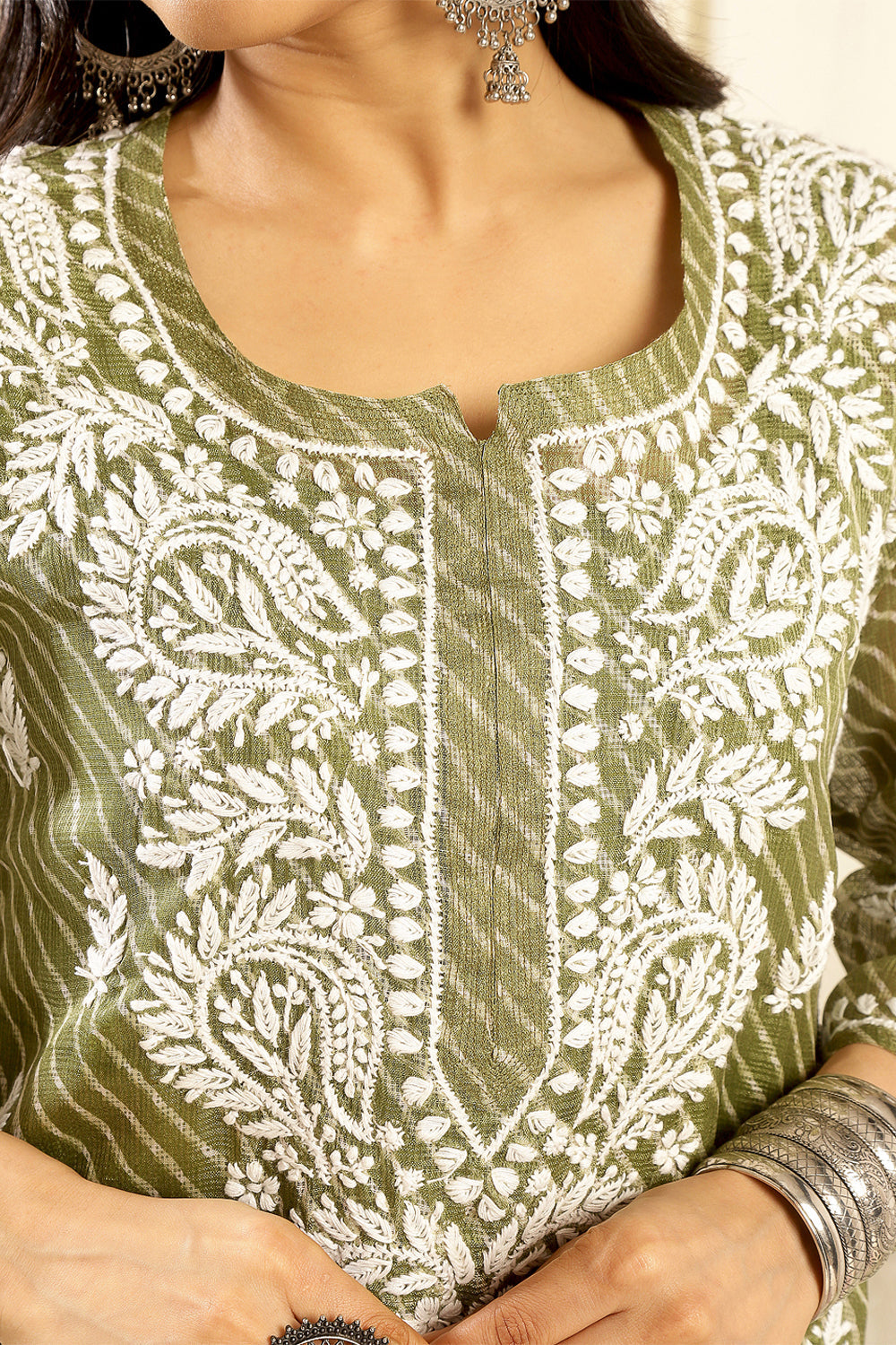 Green-Kota-Doria-Chikankari-Kurta-With-Slip