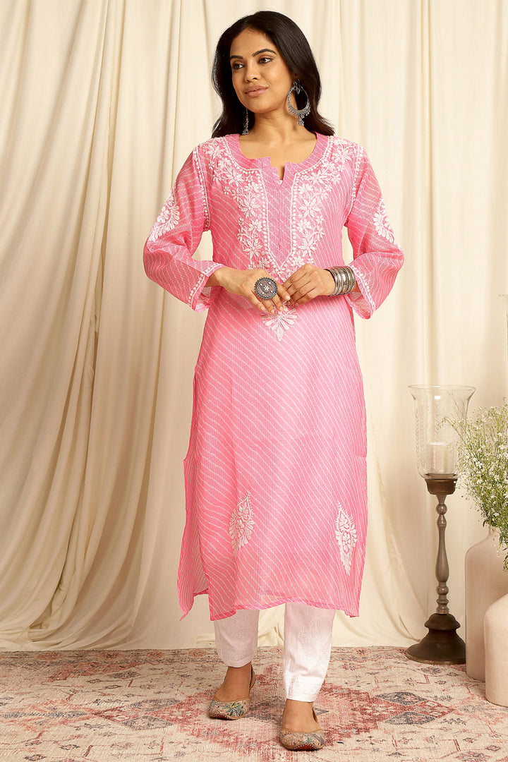 Pink-Kota-Doria-Chikankari-Kurta-With-Slip