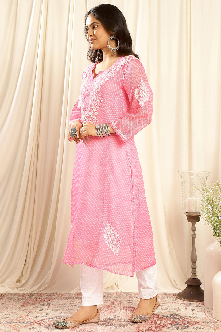 Pink-Kota-Doria-Chikankari-Kurta-With-Slip