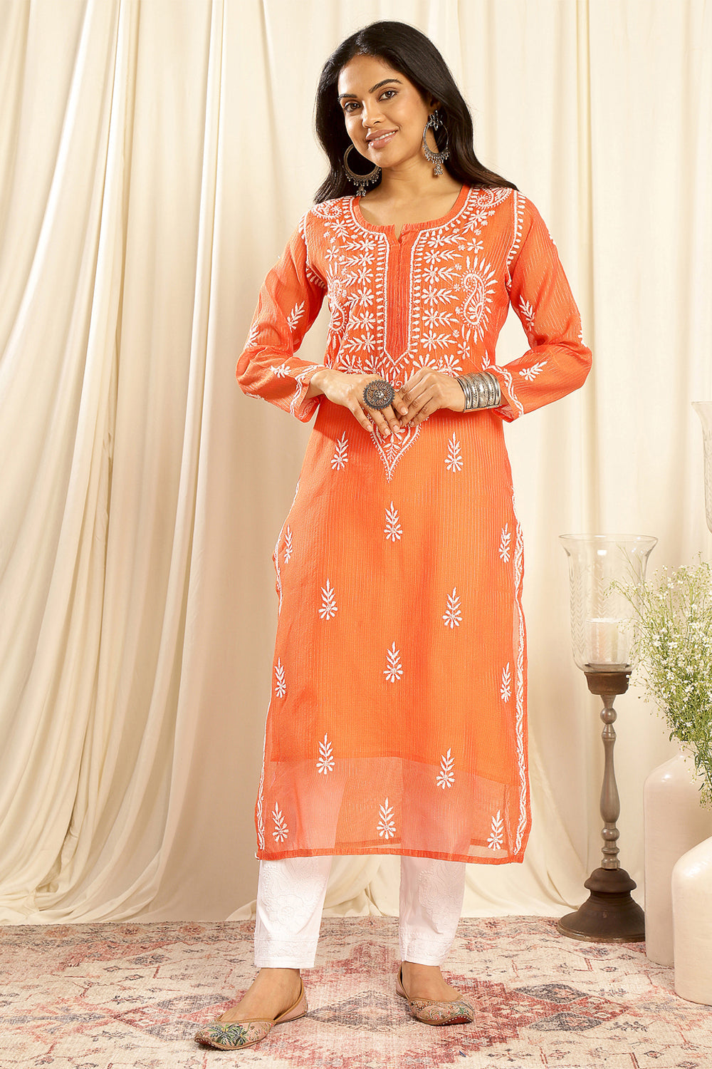 Orange-Kota-Doria-Chikankari-Kurta-With-Slip