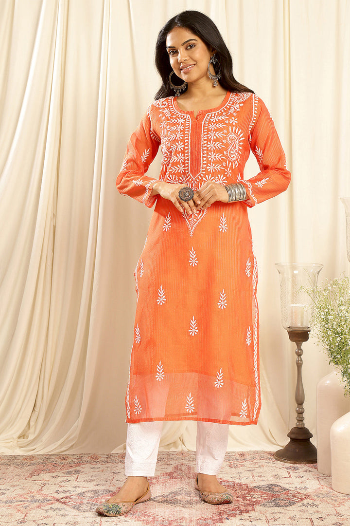 Orange-Kota-Doria-Chikankari-Kurta-With-Slip