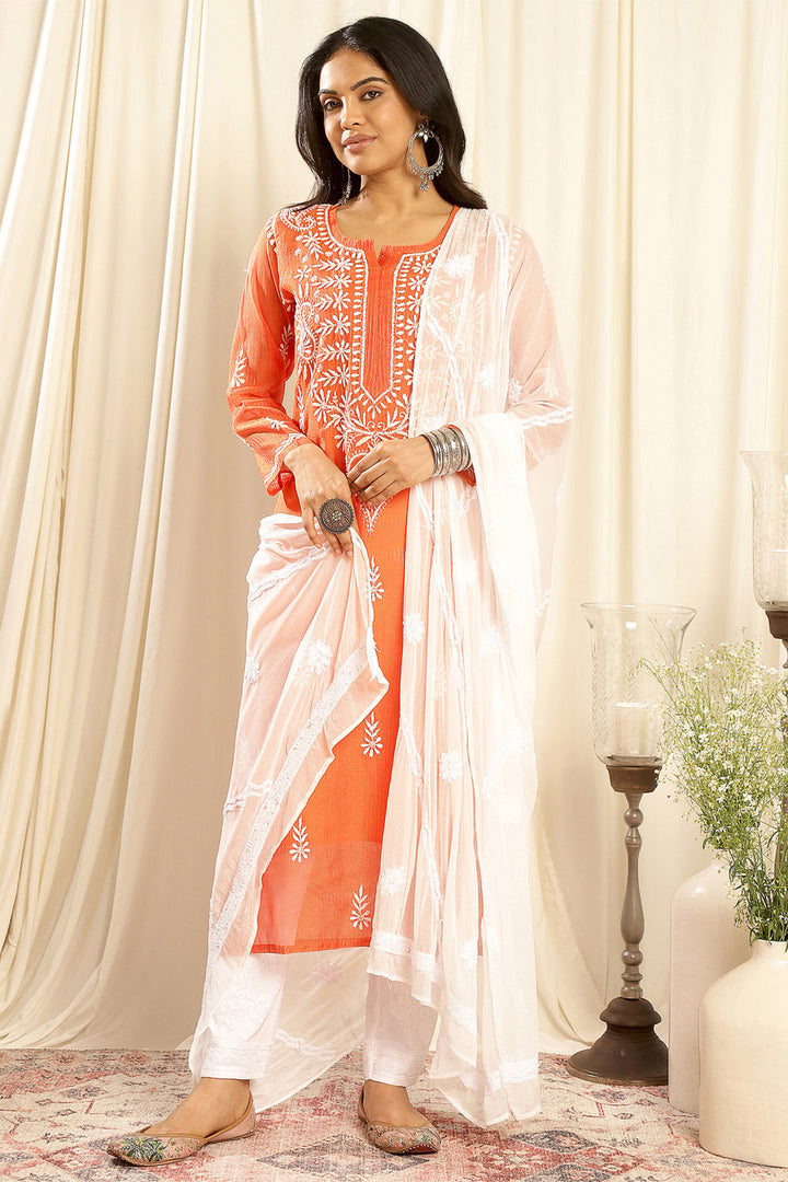 Orange-Kota-Doria-Chikankari-Kurta-With-Slip