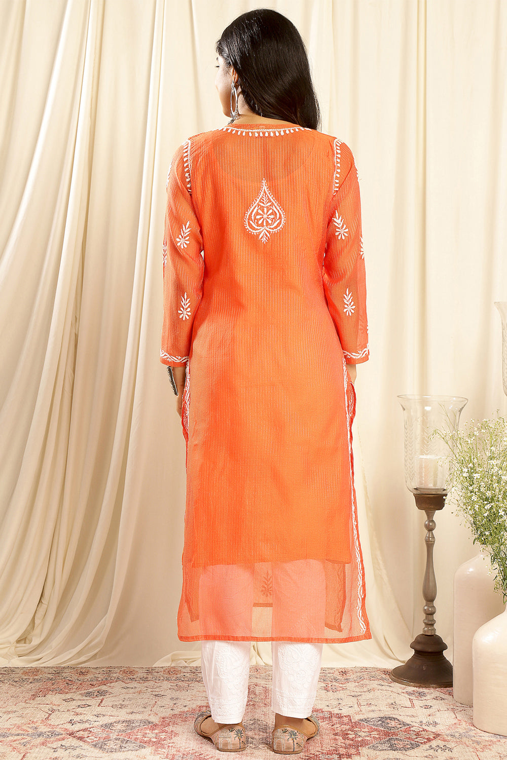 Orange-Kota-Doria-Chikankari-Kurta-With-Slip