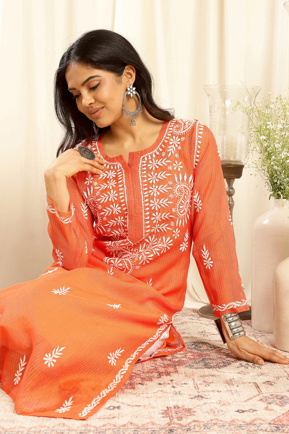 Orange-Kota-Doria-Chikankari-Kurta-With-Slip