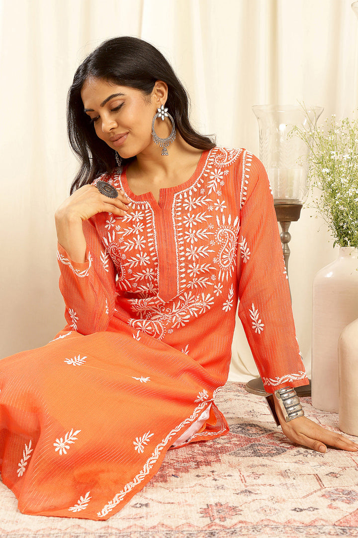 Orange-Kota-Doria-Chikankari-Kurta-With-Slip