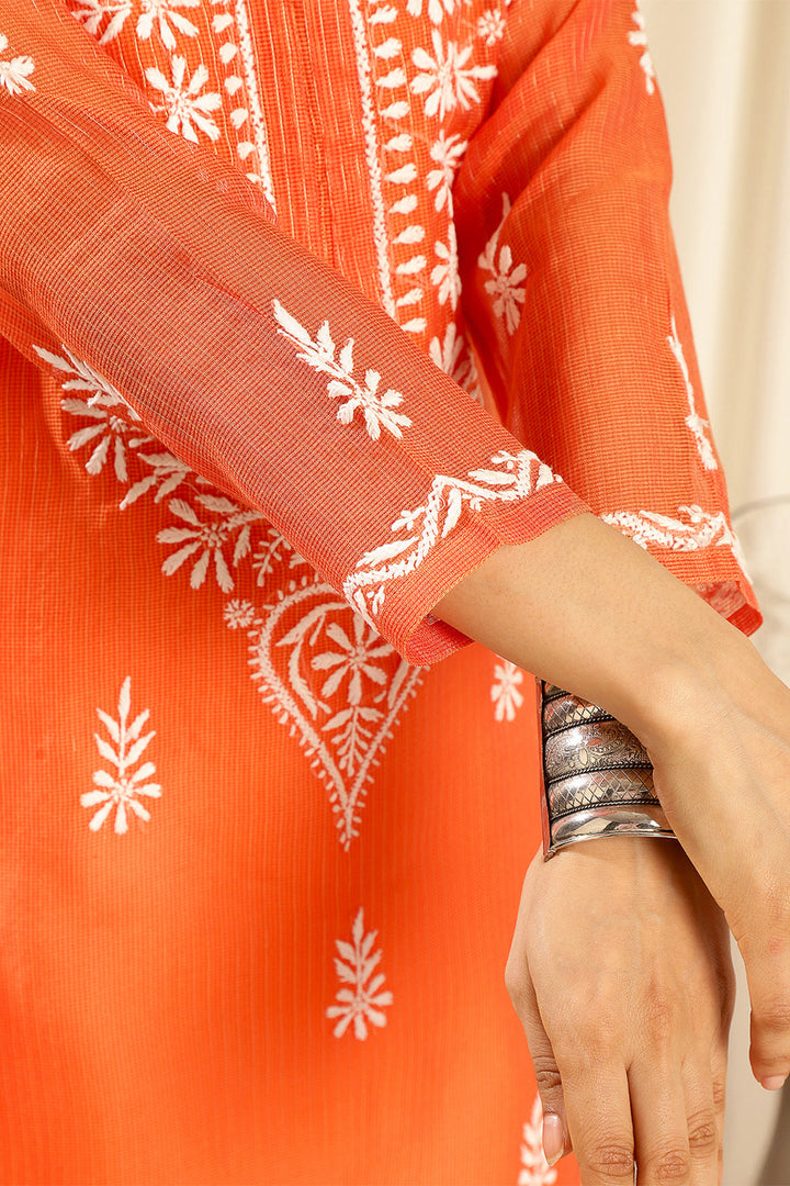 Orange-Kota-Doria-Chikankari-Kurta-With-Slip