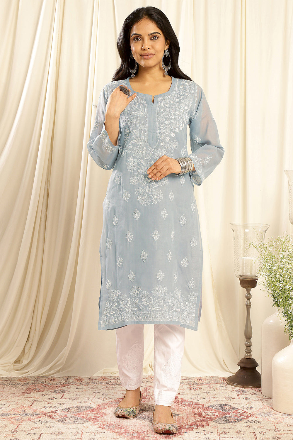 Grey-Cotton-Chikankari-Kurta-With-Slip