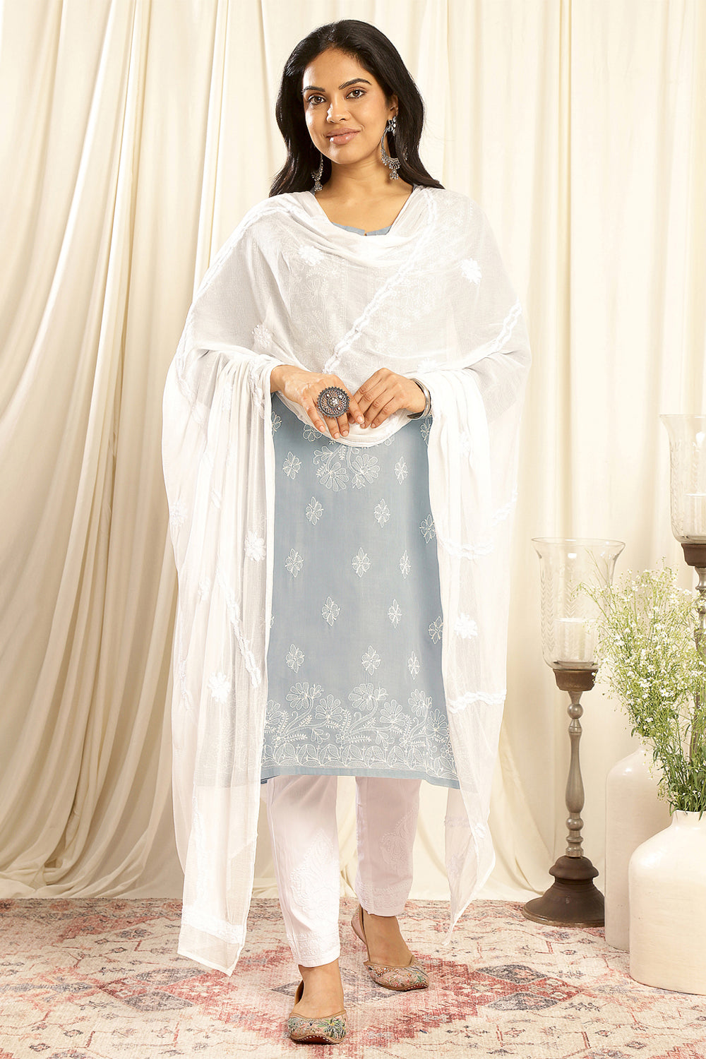 Grey-Cotton-Chikankari-Kurta-With-Slip