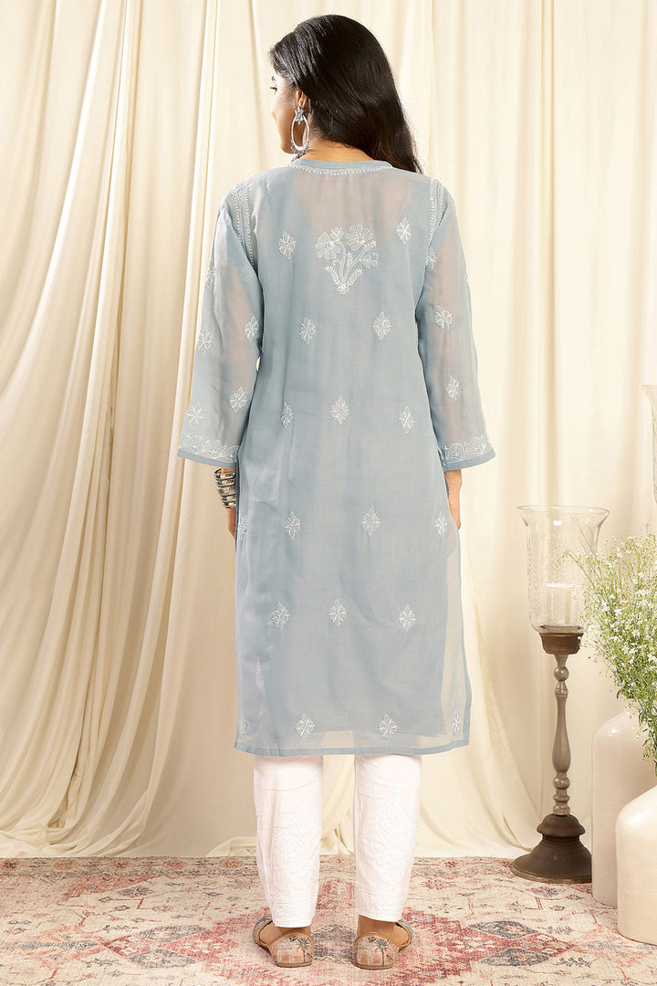 Grey-Cotton-Chikankari-Kurta-With-Slip