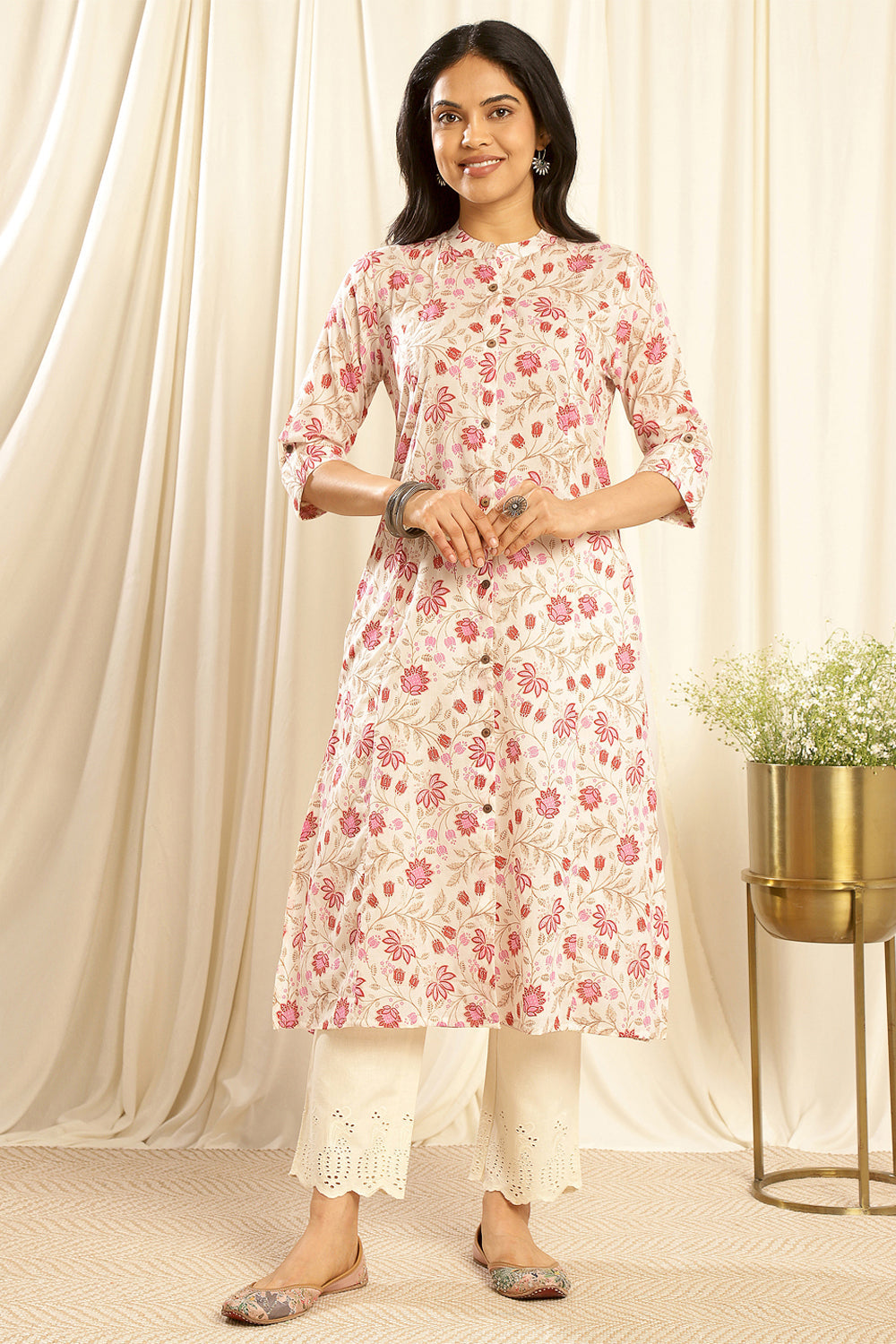 Cream-&-Pink-Cotton-A-Line-Kurta