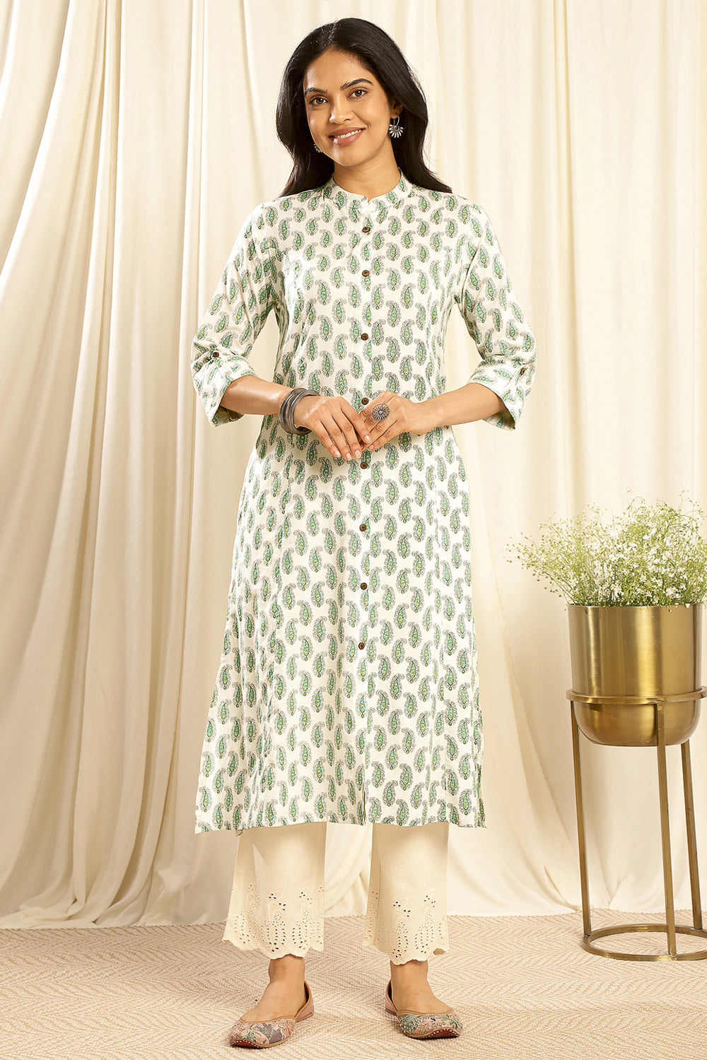 Cream-&-Green-Cotton-A-Line-Kurta