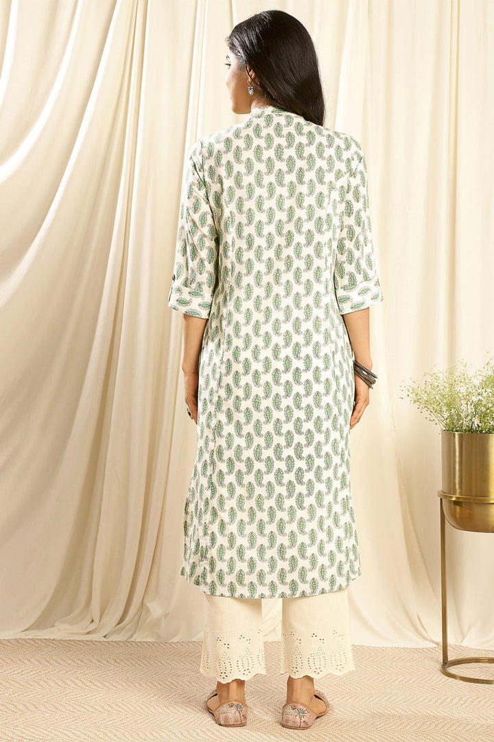 Cream-&-Green-Cotton-A-Line-Kurta