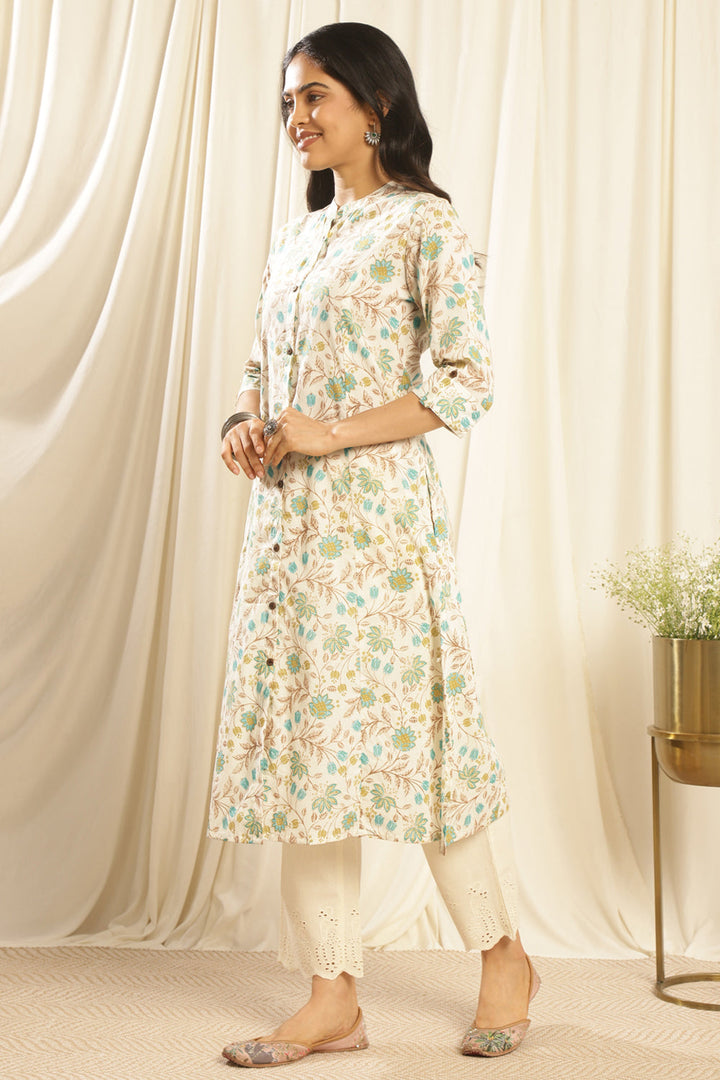 Cream-&-Teal-Blue-Cotton-Kurta