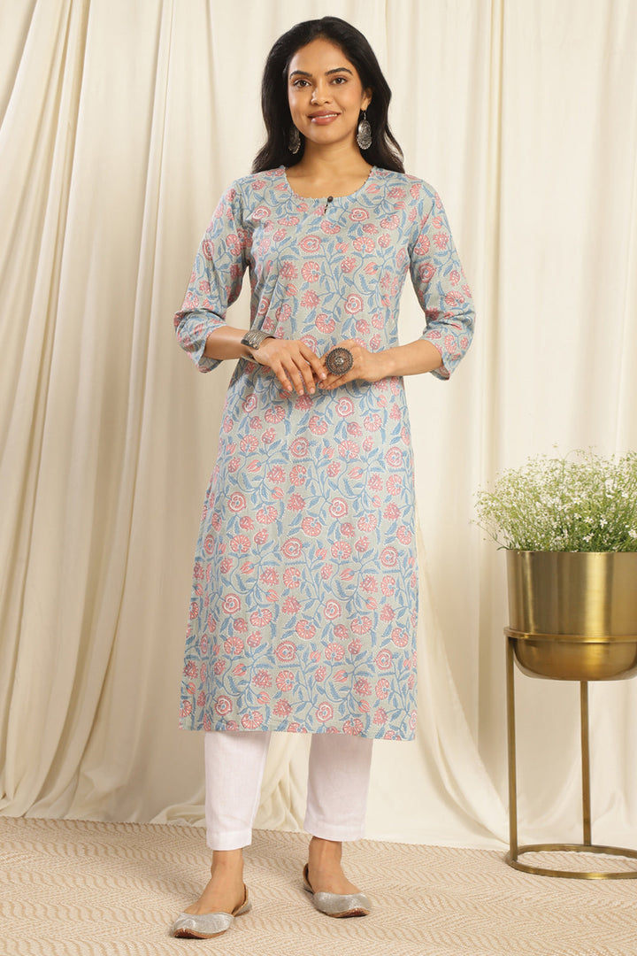 Blue-&-Pink-Cotton-Line-Printed-Kurta