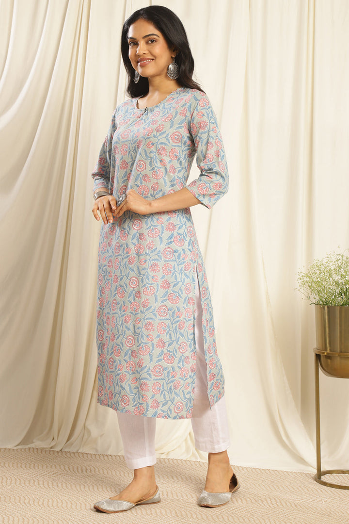 Blue-&-Pink-Cotton-Line-Printed-Kurta