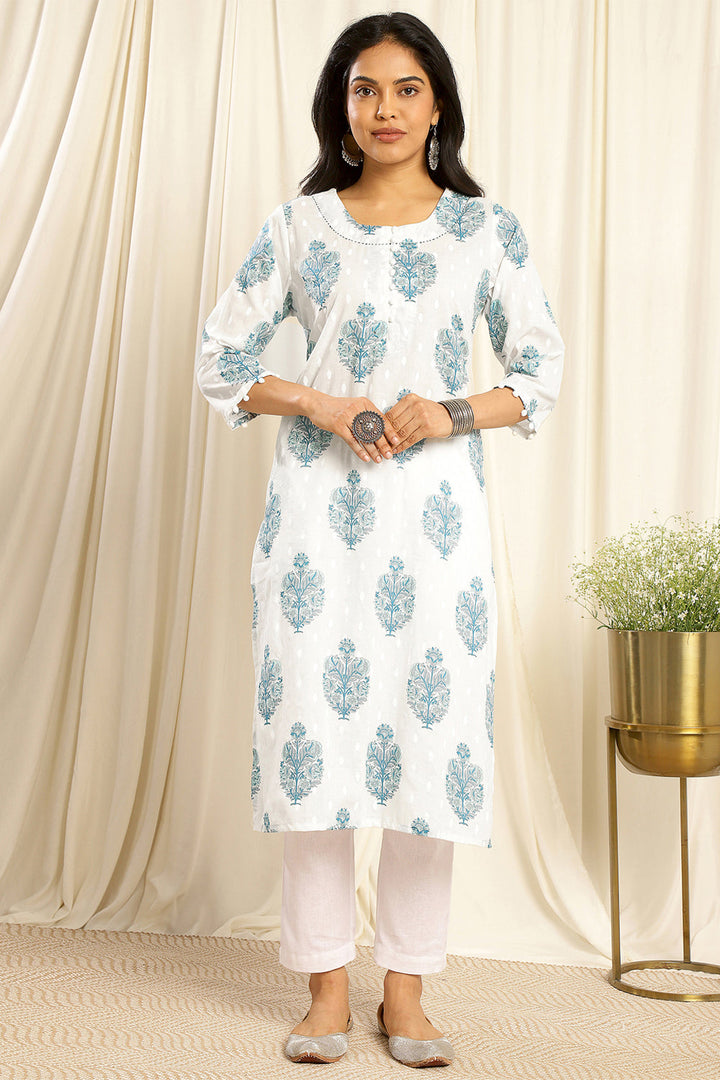 White-&-Blue-Cotton-Floral-Printed-Dotted-Kurta