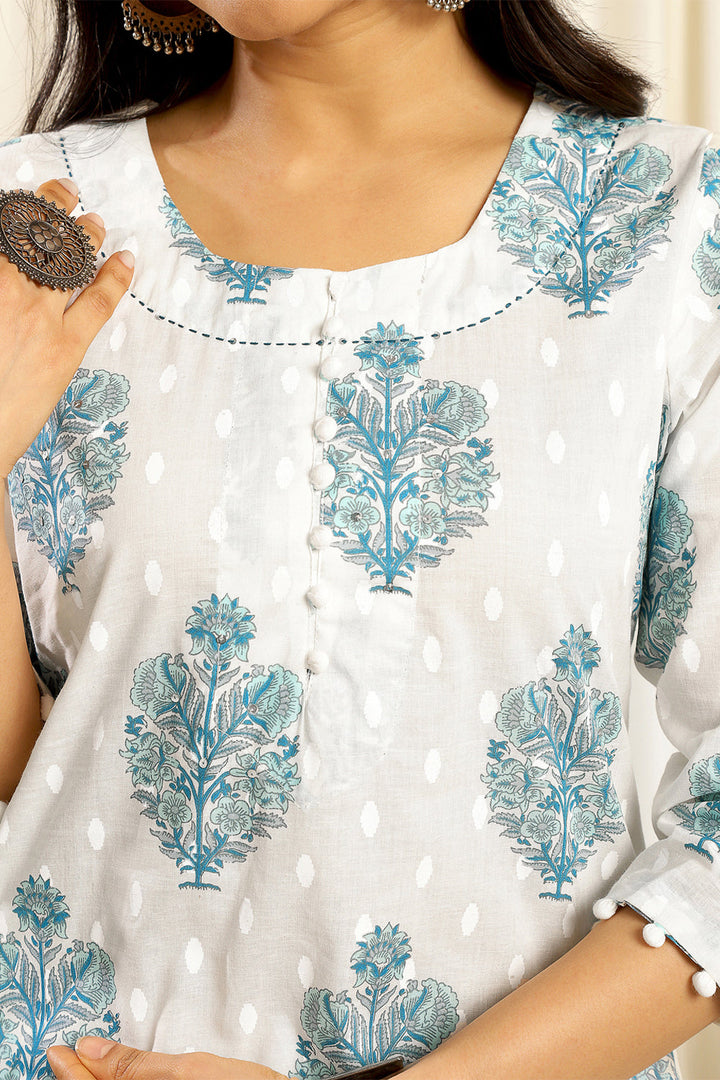 White-&-Blue-Cotton-Floral-Printed-Dotted-Kurta