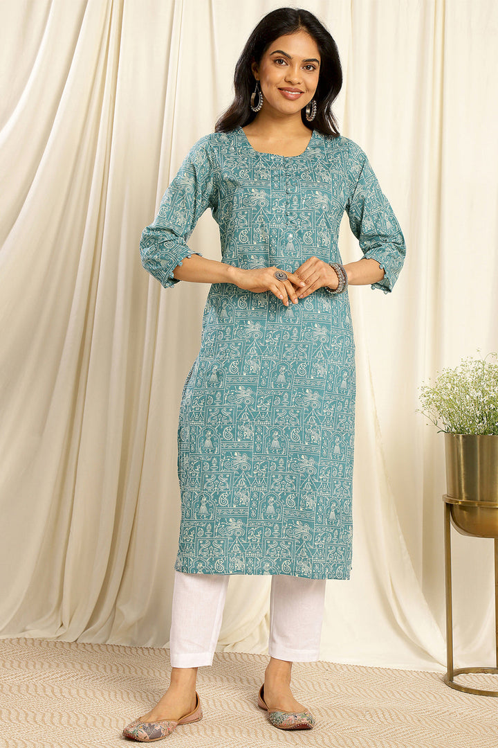 Teal-Blue-Cotton-Potli-Buttom-Straight-Kurta