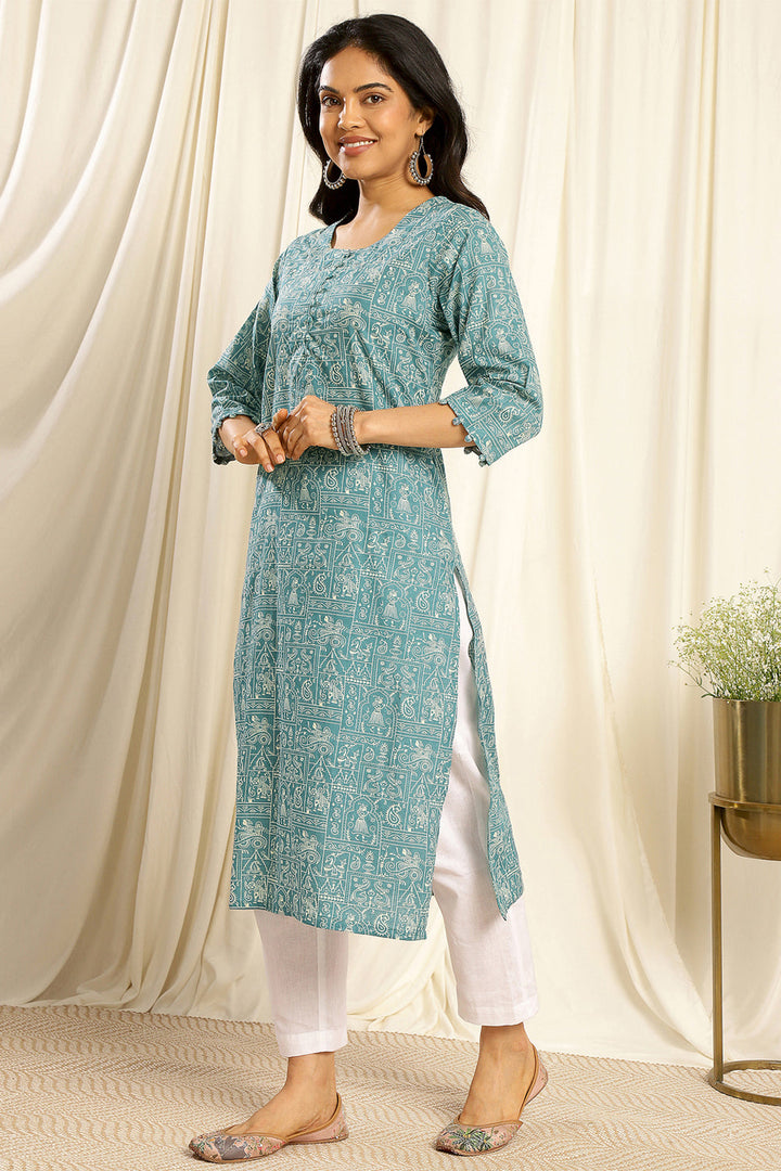 Teal-Blue-Cotton-Potli-Buttom-Straight-Kurta