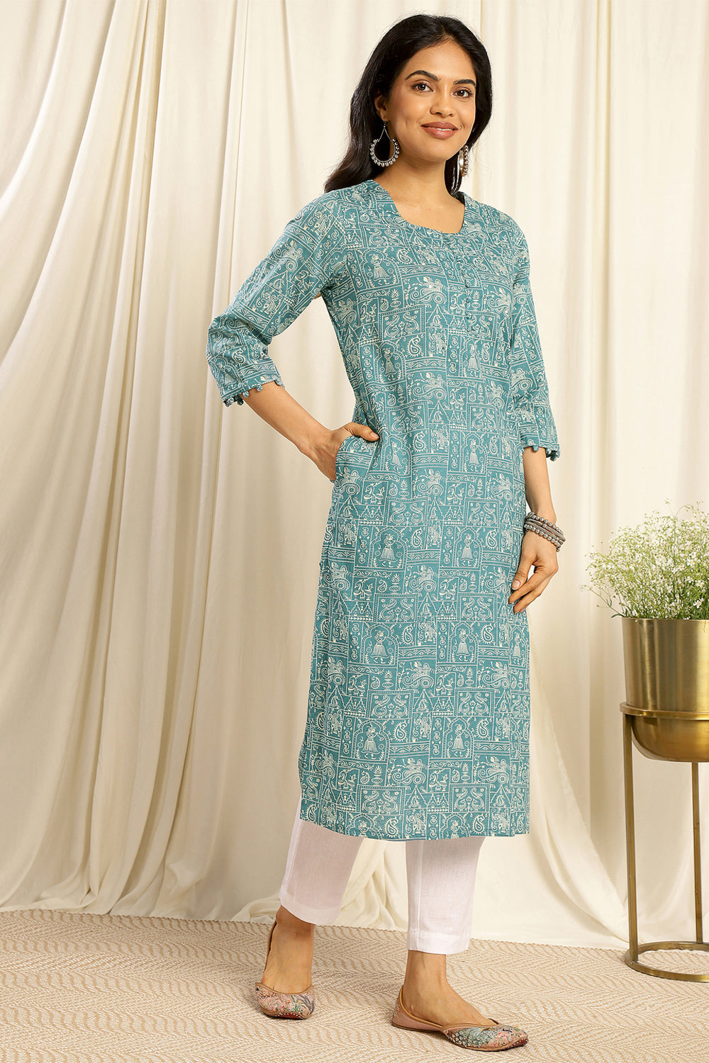 Teal-Blue-Cotton-Potli-Buttom-Straight-Kurta