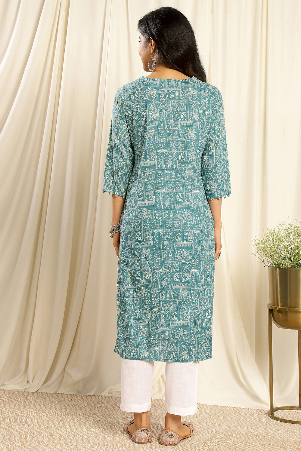 Teal-Blue-Cotton-Potli-Buttom-Straight-Kurta