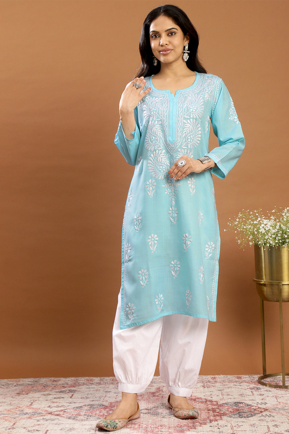 Blue-Modal-Embroidered-Chikankari-Solid-Kurta