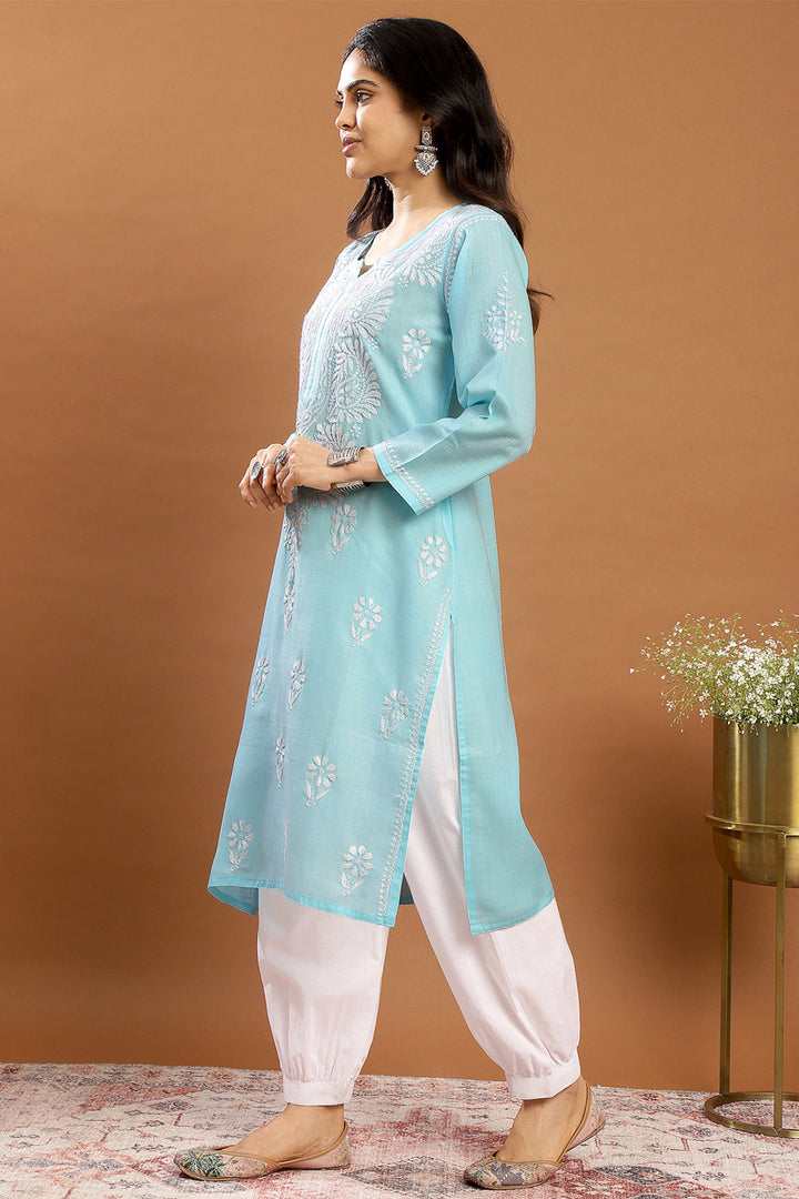 Blue-Modal-Embroidered-Chikankari-Solid-Kurta