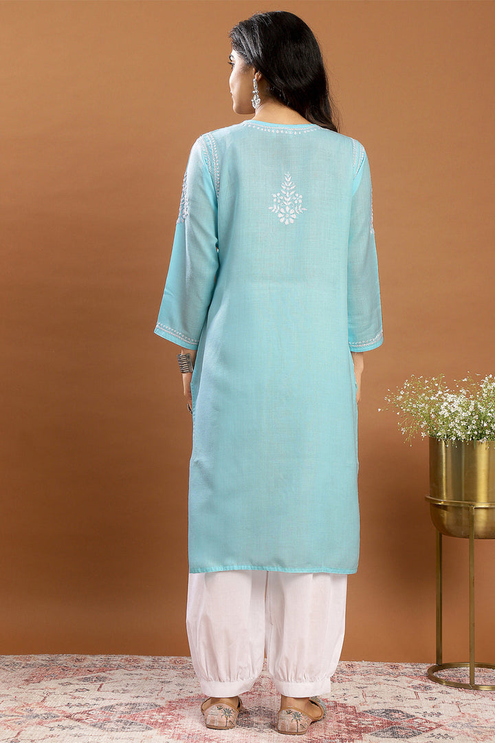 Blue-Modal-Embroidered-Chikankari-Solid-Kurta